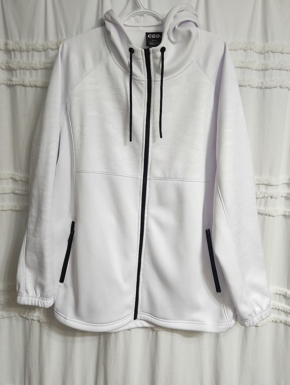 Men's XL CSG White Full-Zip Hooded Jacket with Black Trim